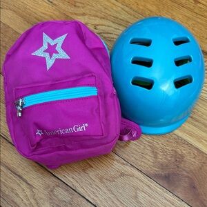 EUC American Girl Magenta Backpack and Aqua Helmet Set
